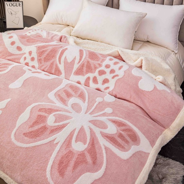 Pătură Cocolino 3D cu Blăniță – Moale, Călduroasă și Elegantă, Imprimeu Fluture, 200×230 cm-Roz PBFJ9