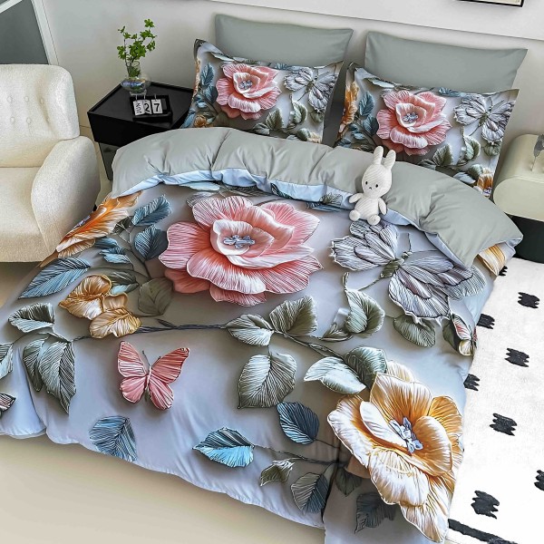 Set Lenjerie de Pat cu Elastic, Finet, 3D, 4 Piese J1PE33 Set Lenjerie de Pat cu Elastic, Finet, 3D, 4 Piese J1PE33