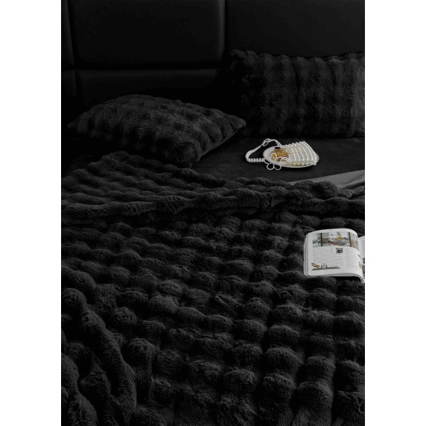 Lenjerie pat dublu, ExtraPufoasa, din Blanita artificiala de Iepure, 6 piese, Jojo Home LCBI04,  NEGRU