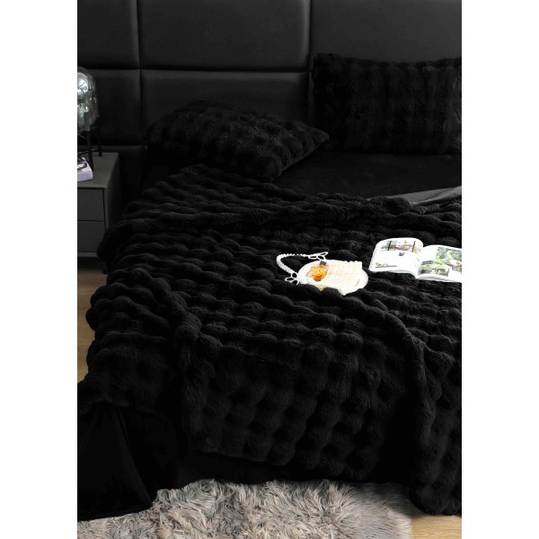 Lenjerie pat dublu, ExtraPufoasa, din Blanita artificiala de Iepure, 6 piese, Jojo Home LCBI04,  NEGRU