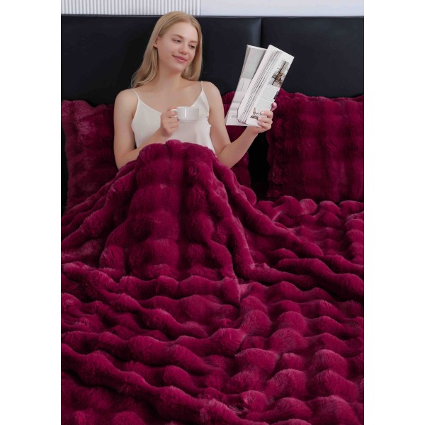 Lenjerie pat dublu, ExtraPufoasa, din Blanita artificiala de Iepure, 6 piese, Jojo Home LCBI05,  BORDO