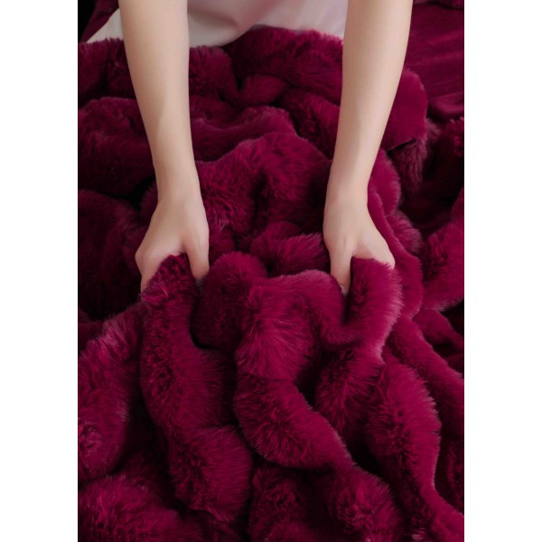 Lenjerie pat dublu, ExtraPufoasa, din Blanita artificiala de Iepure, 6 piese, Jojo Home LCBI05,  BORDO