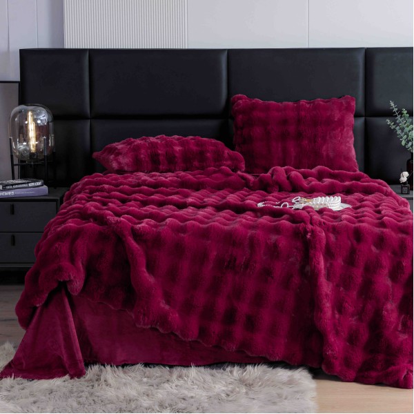Lenjerie pat dublu, ExtraPufoasa, din Blanita artificiala de Iepure, 6 piese, Jojo Home LCBI05, BORDO Lenjerie pat dublu, ExtraPufoasa, din Blanita artificiala de Iepure, 6 piese, Jojo Home LCBI05, BORDO