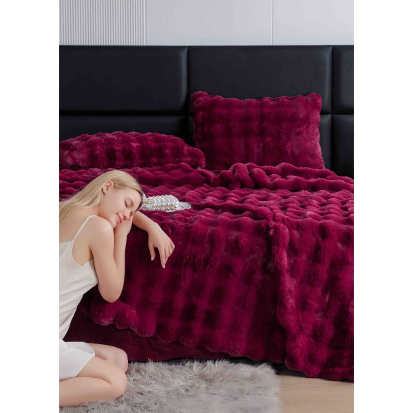 Lenjerie pat dublu, ExtraPufoasa, din Blanita artificiala de Iepure, 6 piese, Jojo Home LCBI05,  BORDO