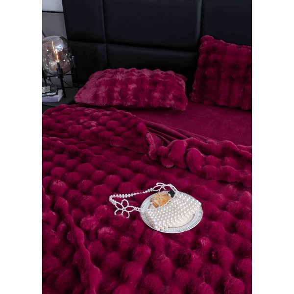 Lenjerie pat dublu, ExtraPufoasa, din Blanita artificiala de Iepure, 6 piese, Jojo Home LCBI05,  BORDO