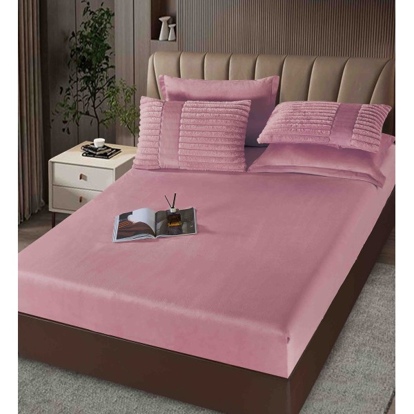 Lenjerie de pat cu Pilota Inclusa , Cearceaf cu Elastic, 6 Piese, Blană de Iepure Artificială,ROZ PUDRA,PBI01