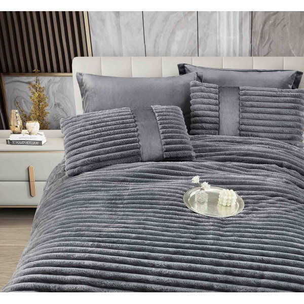 Lenjerie de pat cu Pilota Inclusa , Cearceaf cu Elastic, 6 Piese, Blană de Iepure Artificială,GRI DESCHIS,PBI03