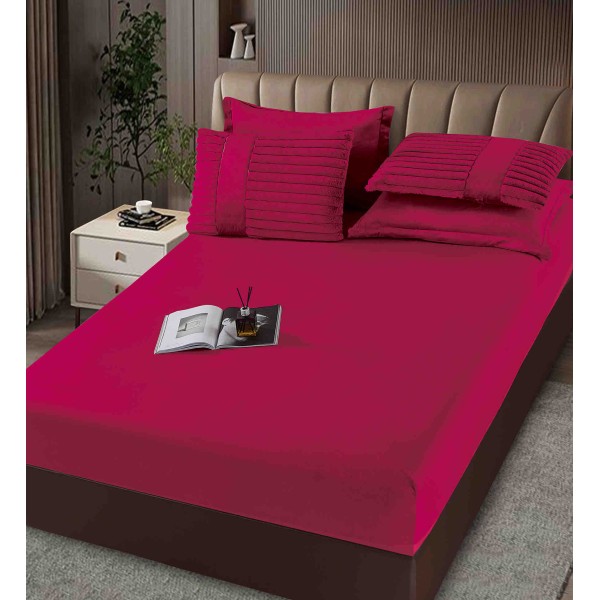 Lenjerie de pat cu Pilota Inclusa , Cearceaf cu Elastic, 6 Piese, Blană de Iepure Artificială,VISINIU-FUCSIA,PBI05