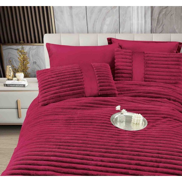 Lenjerie de pat cu Pilota Inclusa , Cearceaf cu Elastic, 6 Piese, Blană de Iepure Artificială,VISINIU-FUCSIA,PBI05