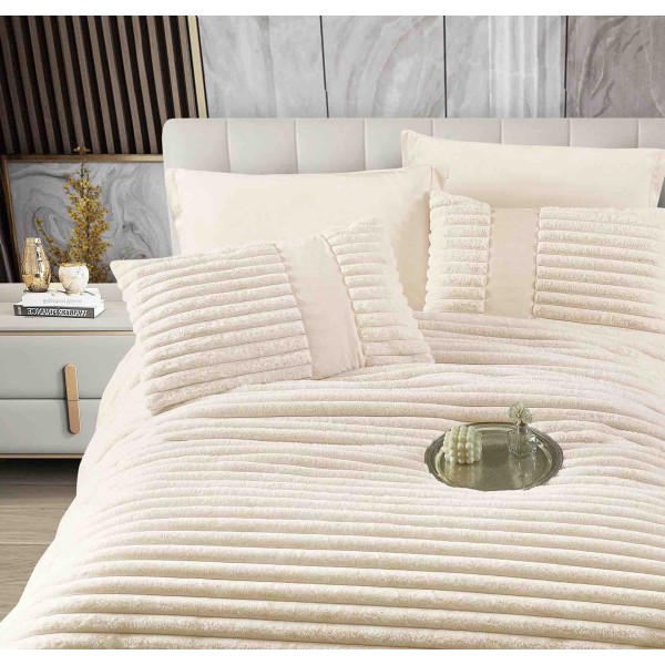 Lenjerie de pat cu Pilota Inclusa , Cearceaf cu Elastic, 6 Piese, Blană de Iepure Artificială,CREM,PBI08