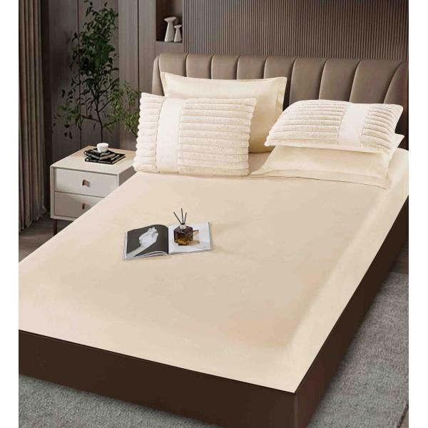Lenjerie de pat cu Pilota Inclusa , Cearceaf cu Elastic, 6 Piese, Blană de Iepure Artificială,CREM,PBI08
