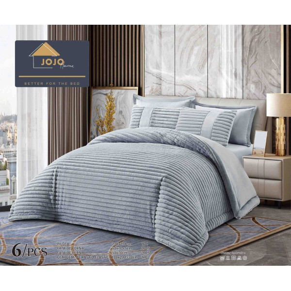 Lenjerie de pat cu Pilota Inclusa , Cearceaf cu Elastic, 6 Piese, Blană de Iepure Artificială,GRI DESCHIS,PBI09