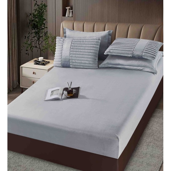 Lenjerie de pat cu Pilota Inclusa , Cearceaf cu Elastic, 6 Piese, Blană de Iepure Artificială,GRI DESCHIS,PBI09