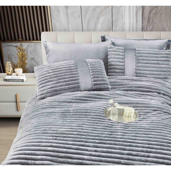 Lenjerie de pat cu Pilota Inclusa , Cearceaf cu Elastic, 6 Piese, Blană de Iepure Artificială,GRI DESCHIS,PBI09