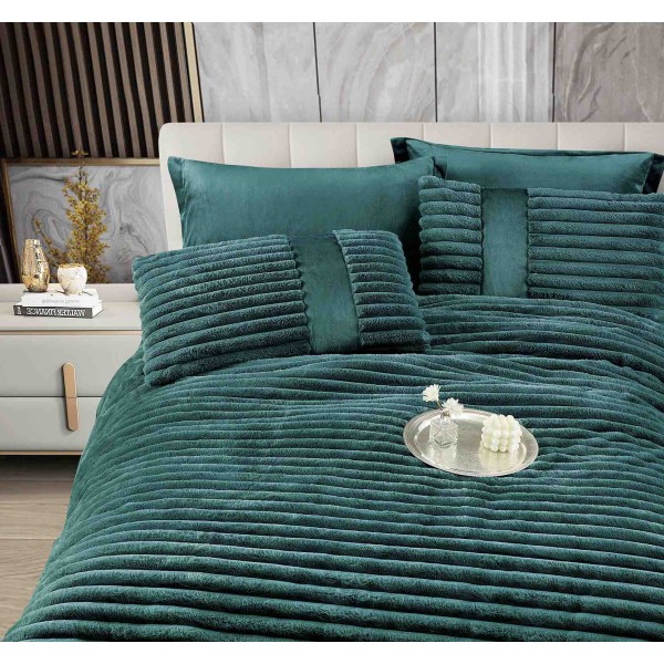 Lenjerie de pat cu Pilota Inclusa , Cearceaf cu Elastic, 6 Piese, Blană de Iepure Artificială,VERDE,PBI10