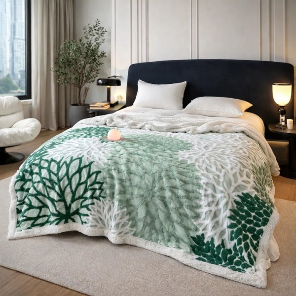 Pătură groasă cocolino 200*230  cu blană sherpa, model floral, dublă, pentru pat, multicolor PCM4