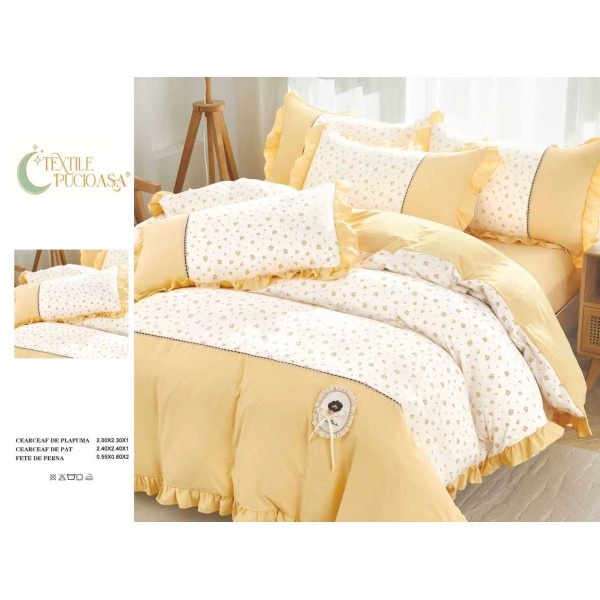 Lenjerie de pat Premium cu volănașe – model floral, GALBEN , 6 piese LVB3