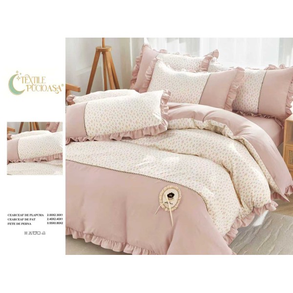 Lenjerie de pat Premium cu volănașe – model floral, , 6 piese LVB7