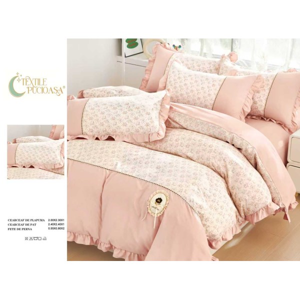 Lenjerie de pat Premium cu volănașe – model floral, , 6 piese LVB11