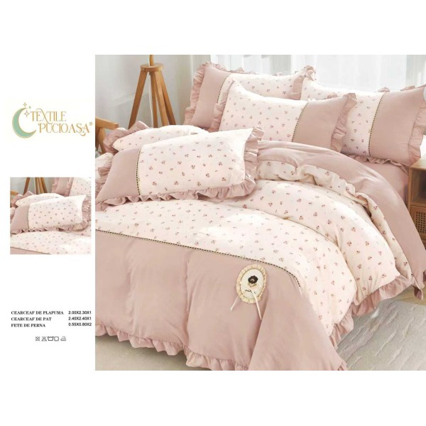 Lenjerie de pat Premium cu volănașe – model floral, , 6 piese LVB13