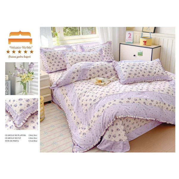 Lenjerie de pat 4 piese dublu Deluxe din Bumbac Soft Touch cu Volanase, VOL4