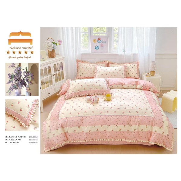 Lenjerie de pat 4 piese dublu Deluxe din Bumbac Soft Touch cu Volanase, VOL5