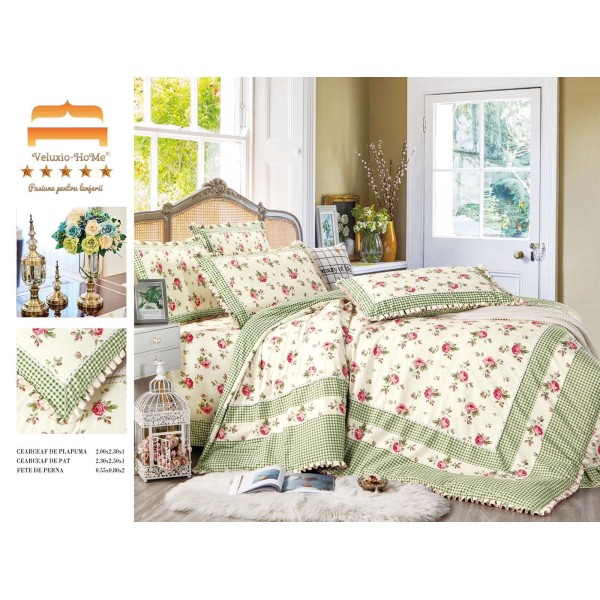 Lenjerie de pat 4 piese dublu Deluxe din Bumbac Soft Touch cu Volanase, VOL8