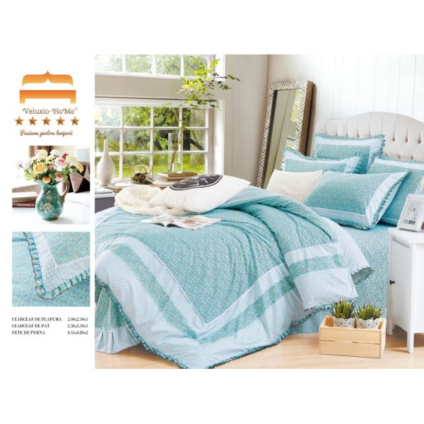 Lenjerie de pat 4 piese dublu Deluxe din Bumbac Soft Touch cu Volanase, VOL11