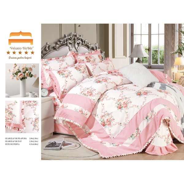 Lenjerie de pat 4 piese dublu Deluxe din Bumbac Soft Touch cu Volanase, VOL16
