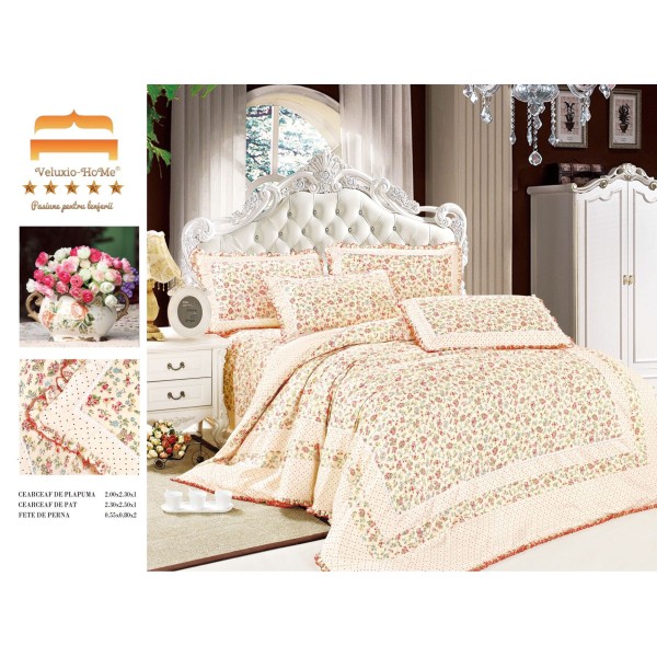 Lenjerie de pat 4 piese dublu Deluxe din Bumbac Soft Touch cu Volanase, VOL17