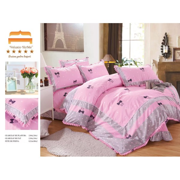 Lenjerie de pat 4 piese dublu Deluxe din Bumbac Soft Touch cu Volanase, VOL24