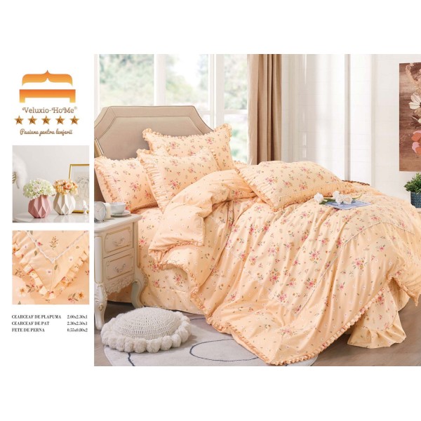 Lenjerie de pat 4 piese dublu Deluxe din Bumbac Soft Touch cu Volanase, VOL25