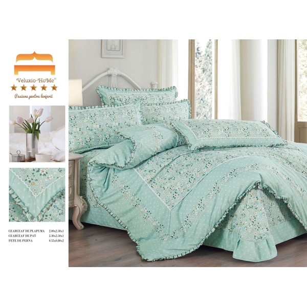 Lenjerie de pat 4 piese dublu Deluxe din Bumbac Soft Touch cu Volanase, VOL26