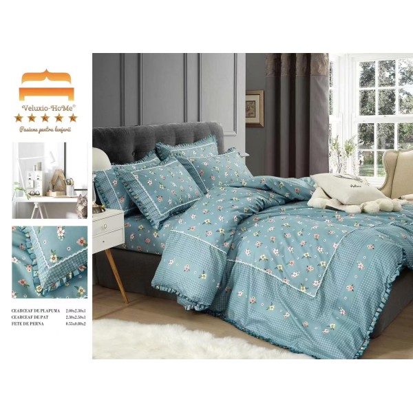 Lenjerie de pat 4 piese dublu Deluxe din Bumbac Soft Touch cu Volanase, VOL27