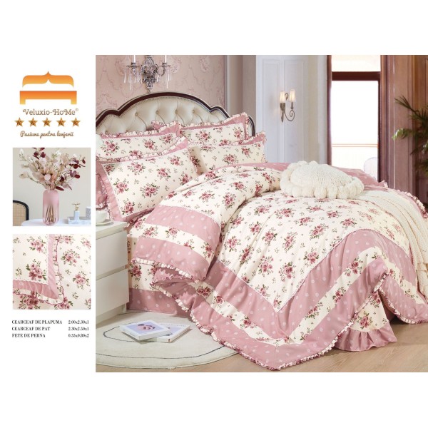 Lenjerie de pat 4 piese dublu Deluxe din Bumbac Soft Touch cu Volanase, VOL31