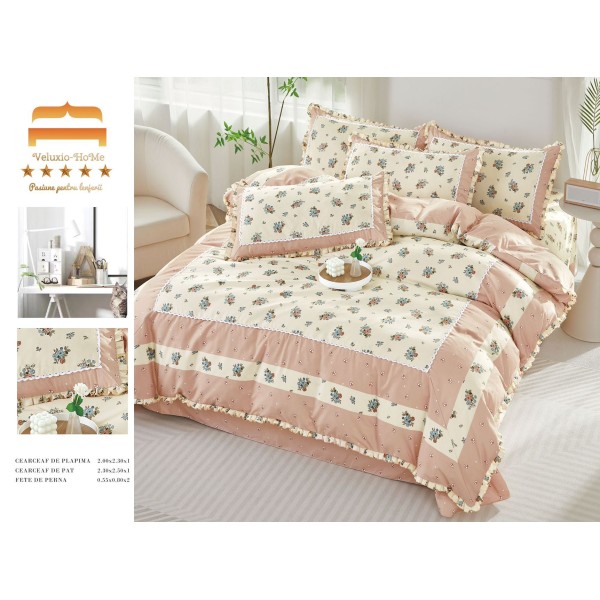 Lenjerie de pat 4 piese dublu Deluxe din Bumbac Soft Touch cu Volanase, VOL32