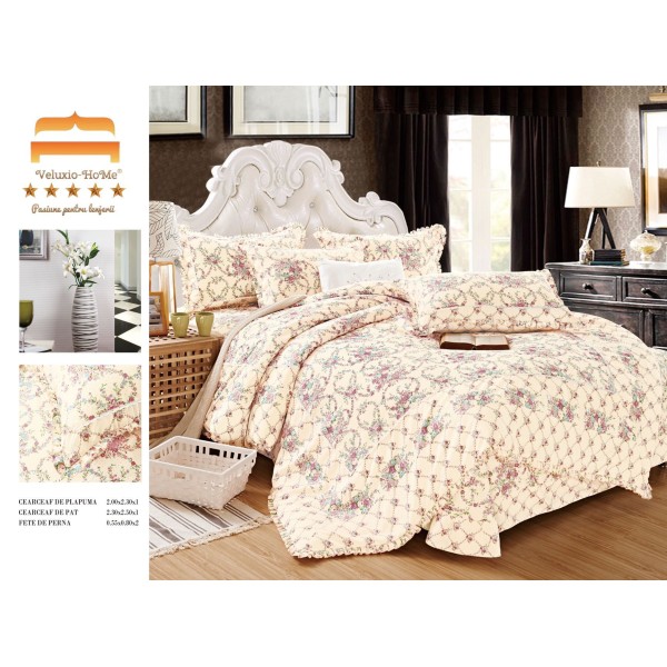 Lenjerie de pat 4 piese dublu Deluxe din Bumbac Soft Touch cu Volanase, VOL33