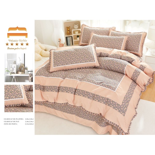 Lenjerie de pat 4 piese dublu Deluxe din Bumbac Soft Touch cu Volanase, VOL34