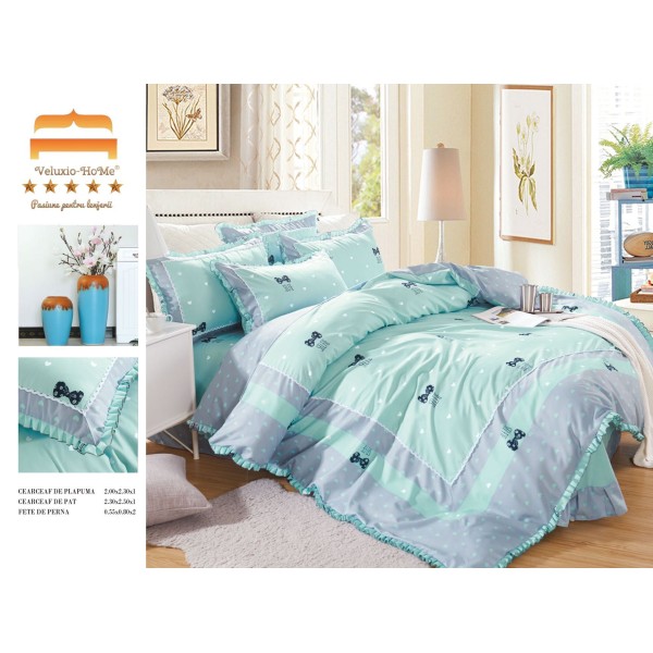 Lenjerie de pat 4 piese dublu Deluxe din Bumbac Soft Touch cu Volanase, VOL35