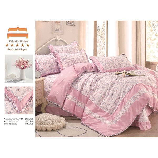 Lenjerie de pat 4 piese dublu Deluxe din Bumbac Soft Touch cu Volanase, VOL37