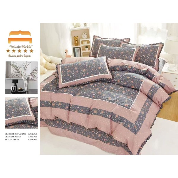 Lenjerie de pat 4 piese dublu Deluxe din Bumbac Soft Touch cu Volanase, VOL38