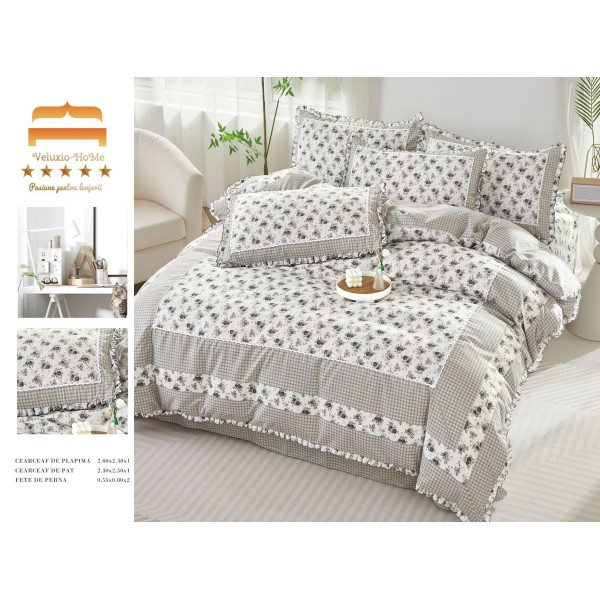Lenjerie de pat 4 piese dublu Deluxe din Bumbac Soft Touch cu Volanase, VOL41