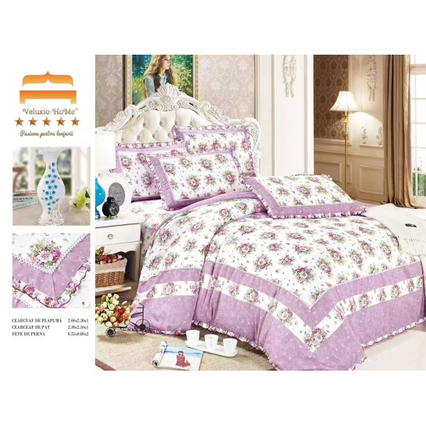 Lenjerie de pat 4 piese dublu Deluxe din Bumbac Soft Touch cu Volanase, VOL43