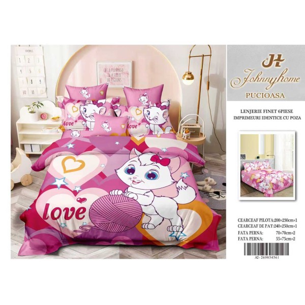 Lenjerie de pat Finet 6 piese – Model Pisicuță Love (copii) 3D LFM3D7