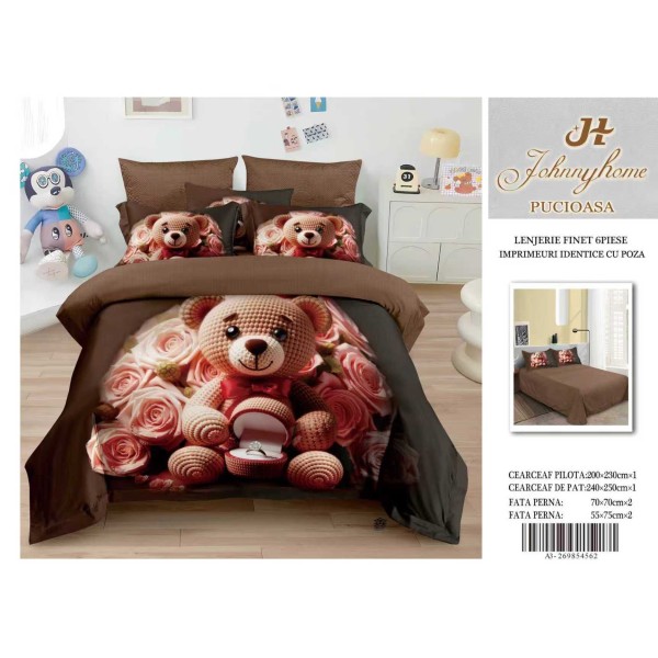Lenjerie de pat Finet 6 piese – Model CU Ursuleț cu trandafiri 3D LFM3D11
