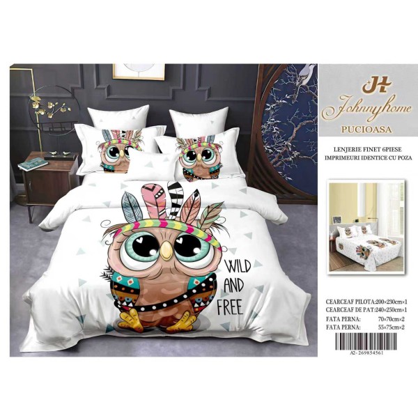 Lenjerie de pat Finet 6 piese – Model CU Model Bufniță „Wild & Free” 3D LFM3D13