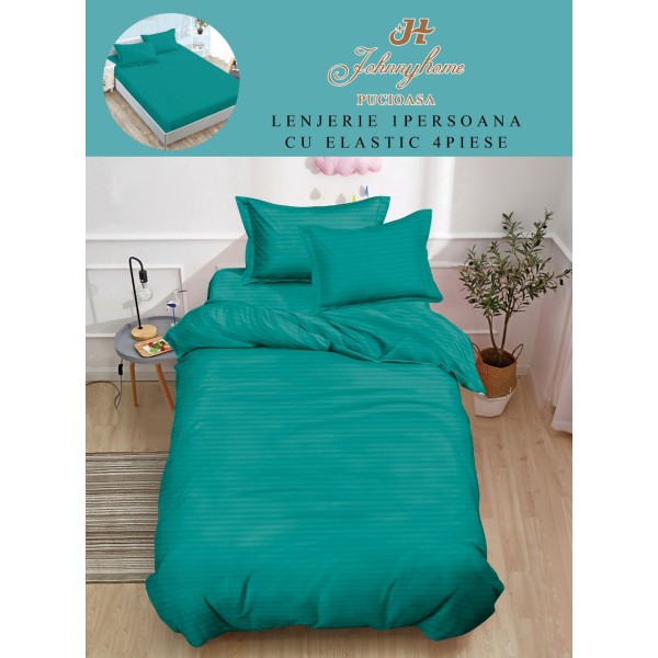 Lenjerie de pat, 1 persoana, tip Damasc, 4 piese, Cearceaf cu Elastic 140x200cm, LD1PM9