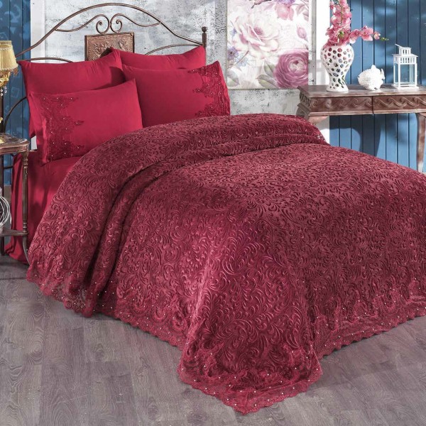 Cuvertura de lux cu broderie eleganta, 6 piese, pat 2 persoane, BORDO , CL6PL11 Cuvertura de lux cu broderie eleganta, 6 piese, pat 2 persoane, BORDO , CL6PL11
