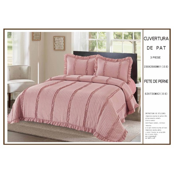 Cuvertură de Pat 3 Piese 230x250 cm – Model Elegant cu Volănașe CPV3