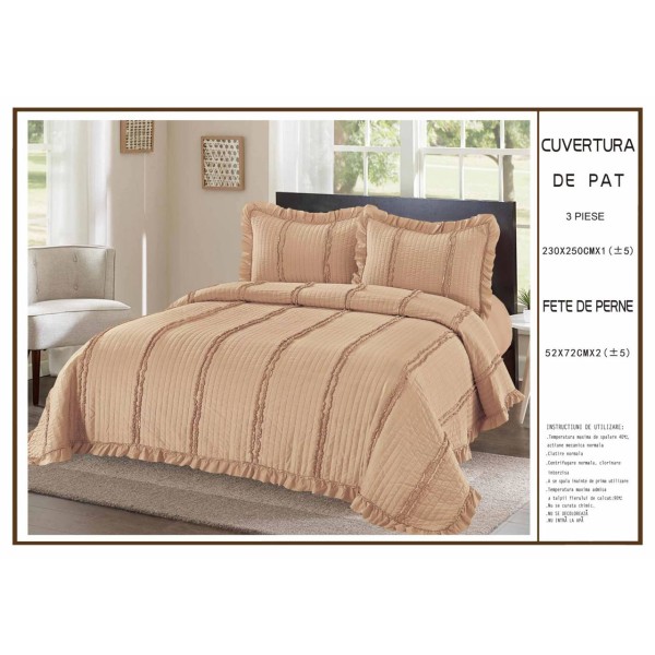 Cuvertură de Pat 3 Piese 230x250 cm – Model Elegant cu Volănașe CPV6